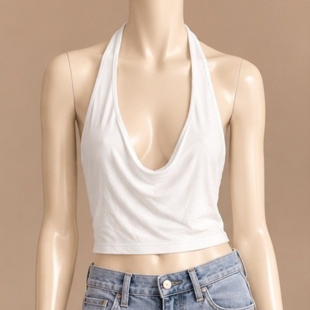 CLOZOZ Women Halter Top White Ribbed Knit Cropped Small